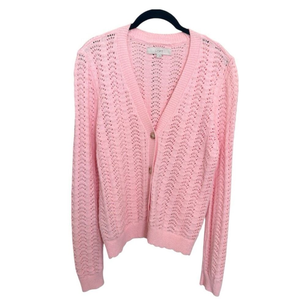 Loft Pastel Pink Crochet Sweater Size Medium Button Front long Sleeve